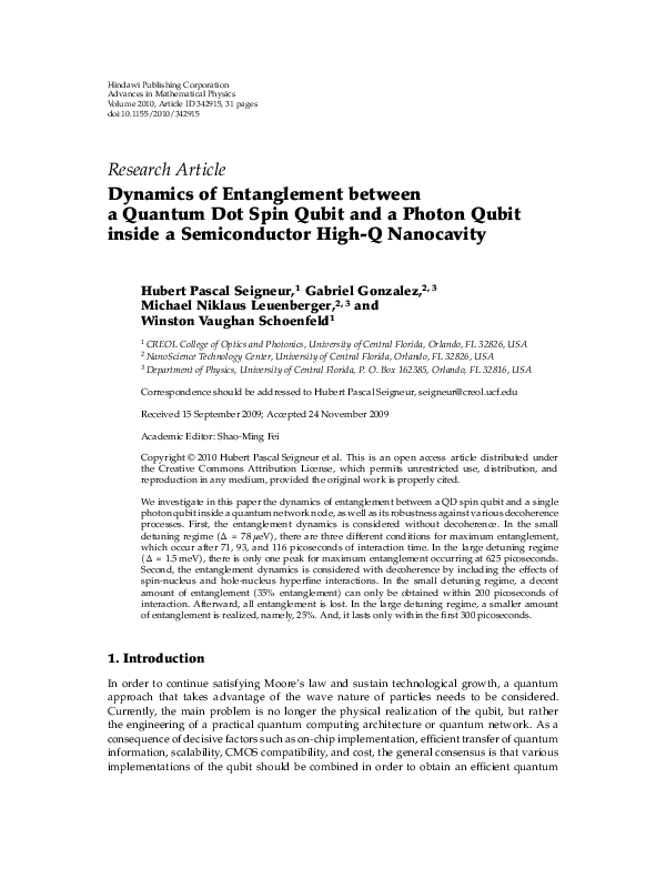 (PDF) Dynamics of Entanglement between a Quantum Dot Spin Qubit and a ...