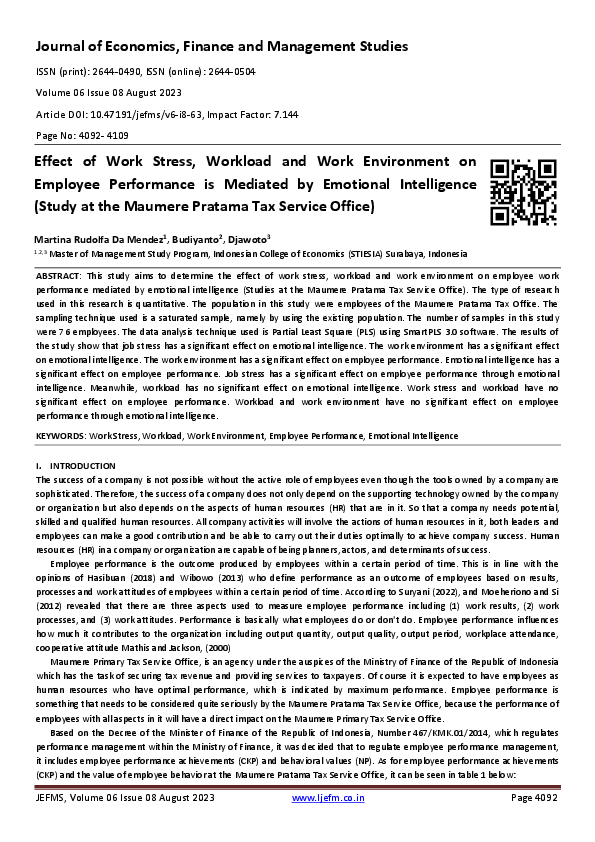 (PDF) Effect of Work Stress, Workload and Work Environment on Employee ...