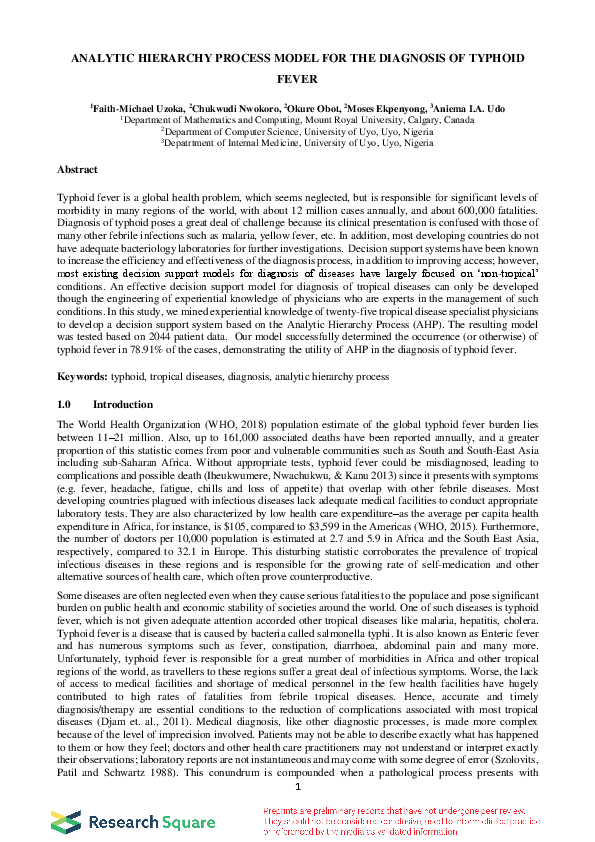 (PDF) Analytic Hierarchy Process Model for the Diagnosis of Typhoid Fever