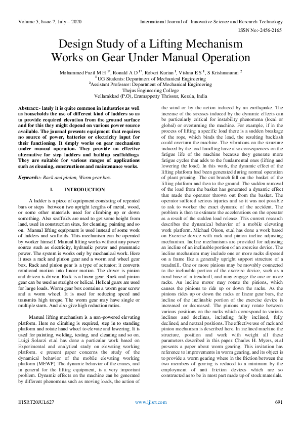 (PDF) Design Study of a Lifting Mechanism Works on Gear Under Manual ...