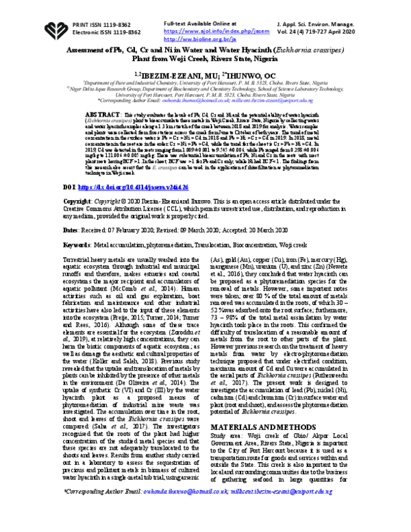 (PDF) Assessment of Pb, Cd, Cr and Ni in Water and Water Hyacinth ...