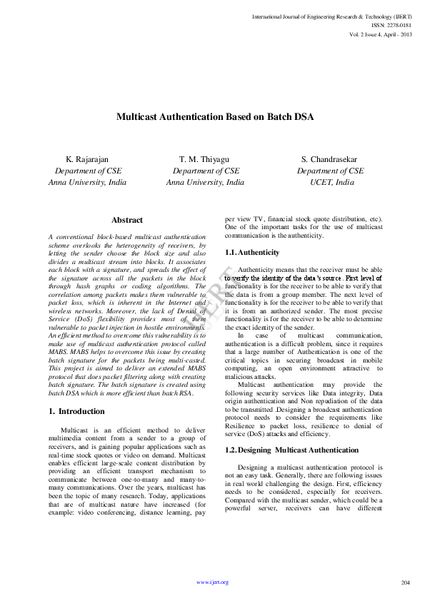 (PDF) Multicast Authentication Based on Batch DSA