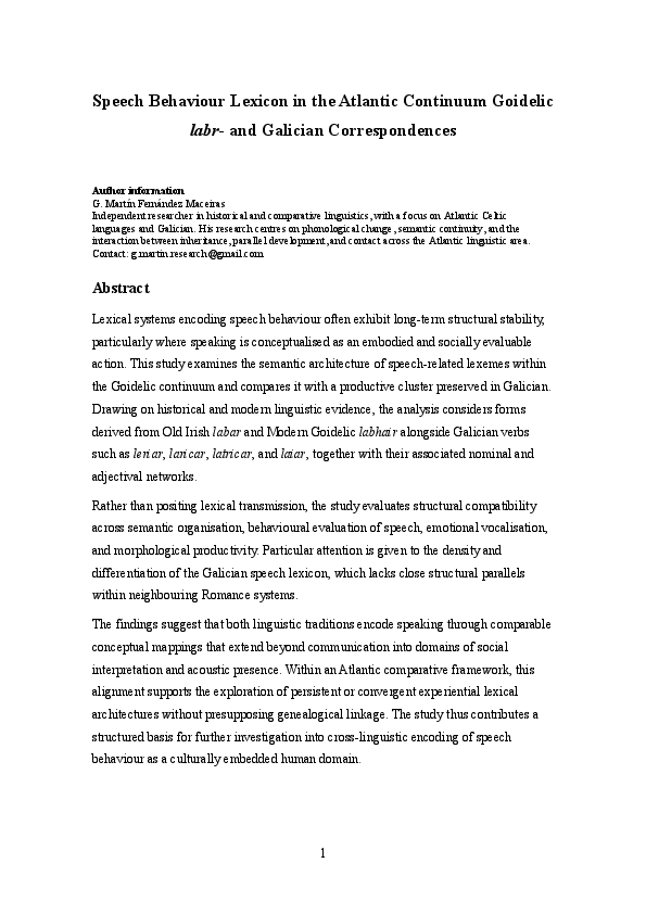 (PDF) Speech Behaviour Lexicon in the Atlantic Continuum Goidelic labr ...