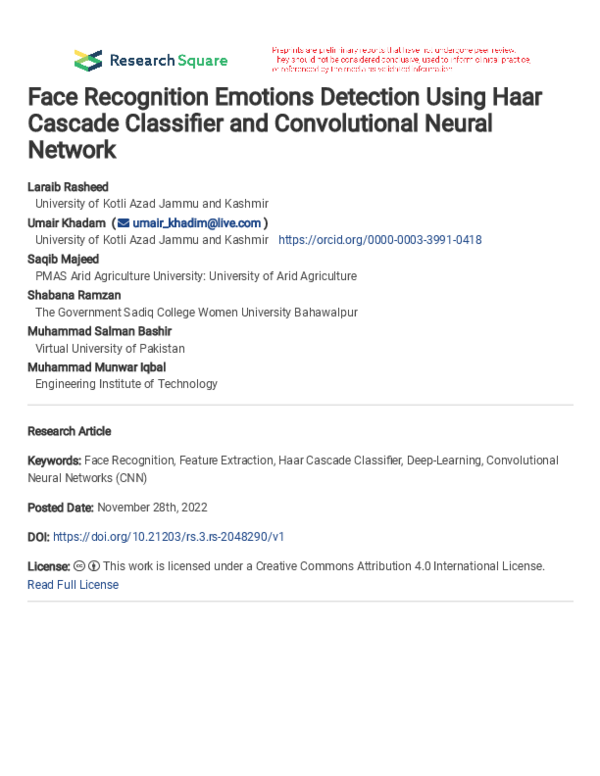 (PDF) Face Recognition Emotions Detection Using Haar Cascade Classifier ...