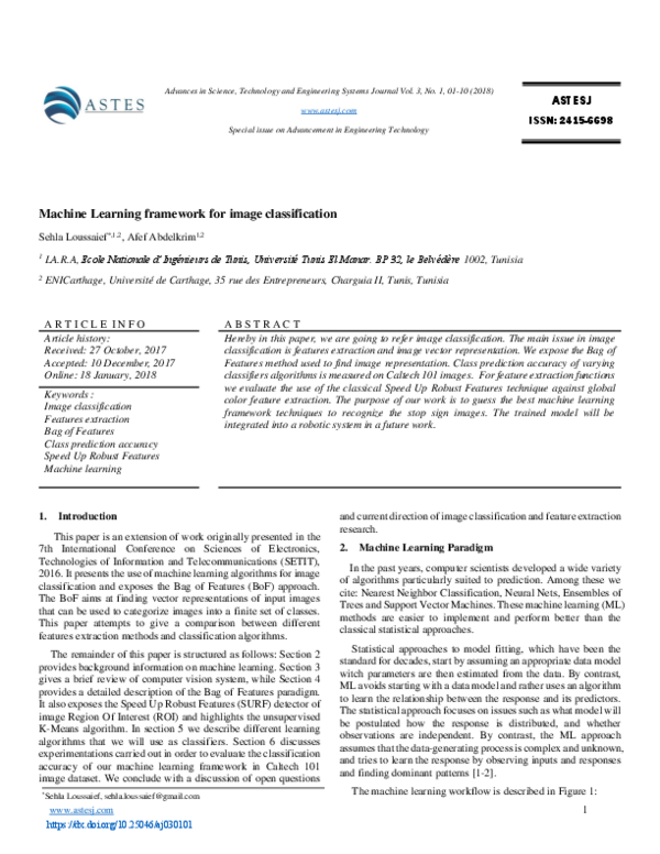 (PDF) Machine Learning framework for image classification