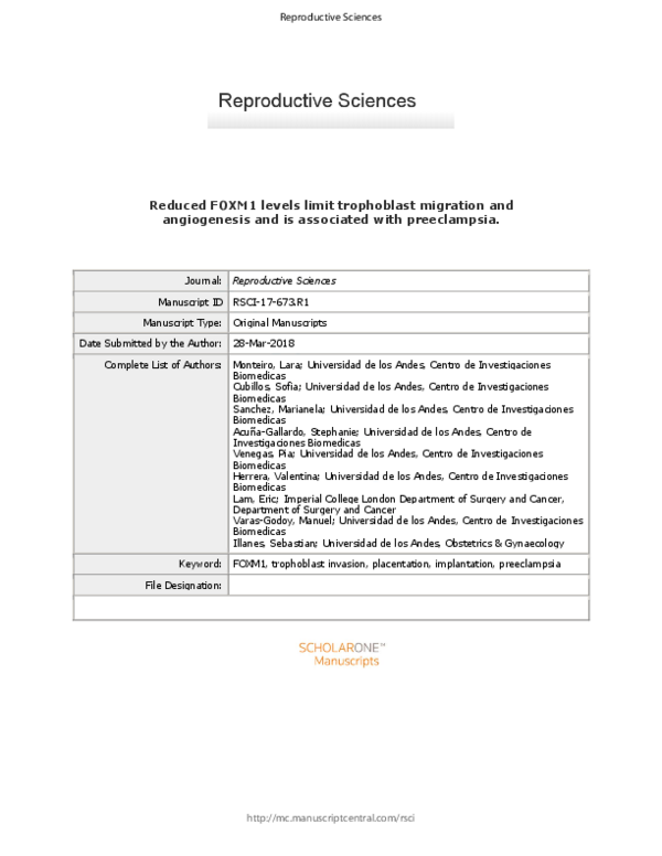 (PDF) Reduced FOXM1 Expression Limits Trophoblast Migration and ...