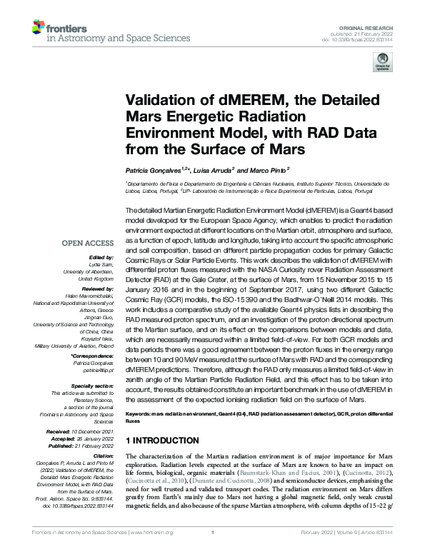 (PDF) Validation of dMEREM, the Detailed Mars Energetic Radiation ...