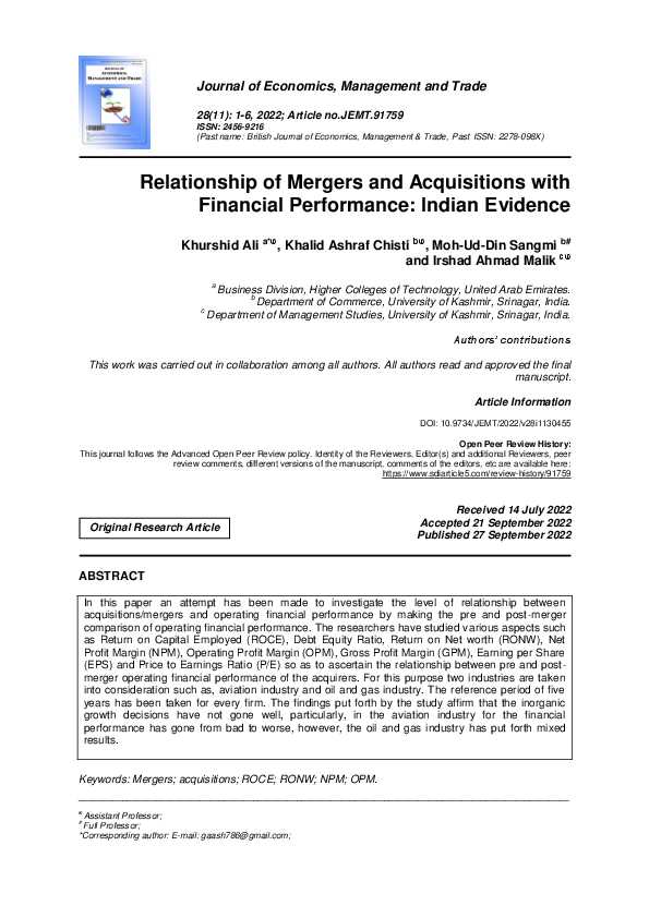 (PDF) Relationship of Mergers and Acquisitions with Financial ...