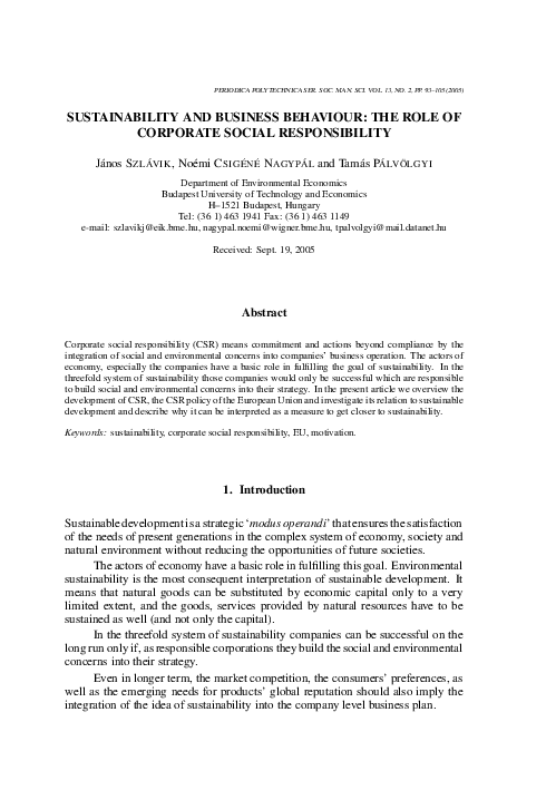 (PDF) Sustainability and Business Behaviour: The Role of Corporate ...