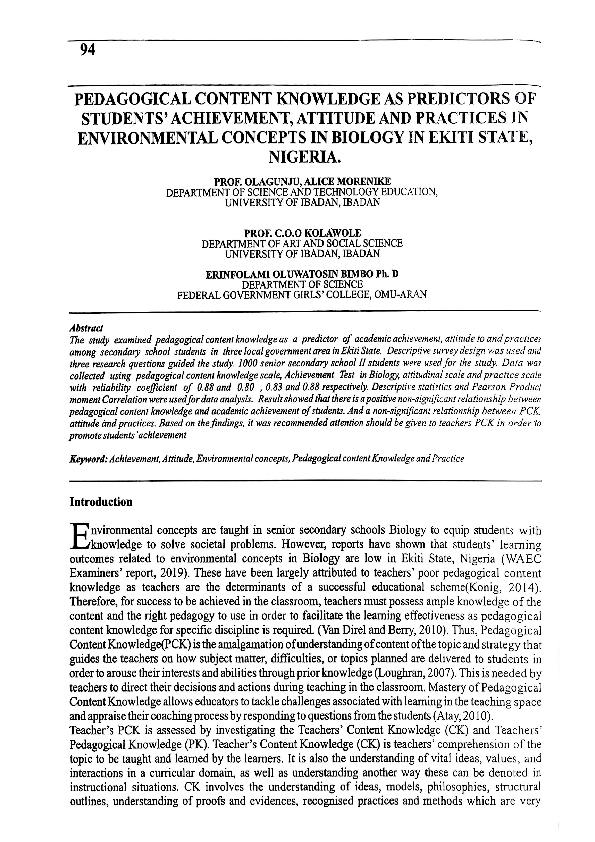 (PDF) pedagogical content knowledge as predictors of students knowledge ...