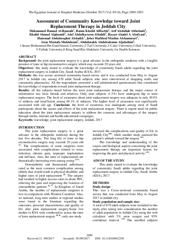 (PDF) Assessment of Community Knowledge toward Joint Replacement ...