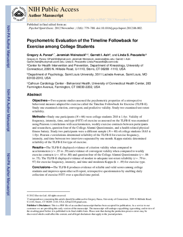 (PDF) Psychometric Evaluation of the Timeline Followback for Exercise ...