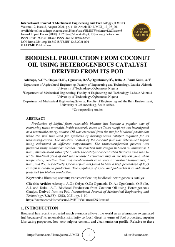(PDF) Biodiesel Production from Coconut Oil Using Heterogeneous ...