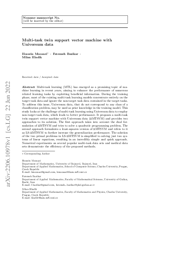 (PDF) Multi-task twin support vector machine with Universum data