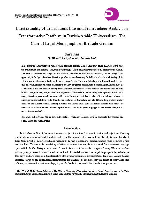 (PDF) Intertextuality of Translations Into and From Judaeo-Arabic as a ...