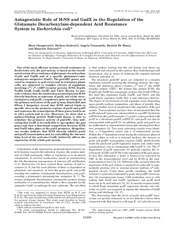 (PDF) Antagonistic Role of H-NS and GadX in the Regulation of the ...