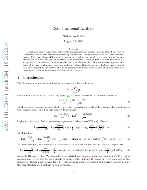 (PDF) Zeta Functional Analysis