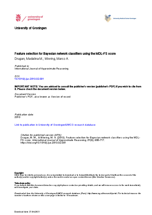 (PDF) Feature selection for Bayesian network classifiers using the MDL ...