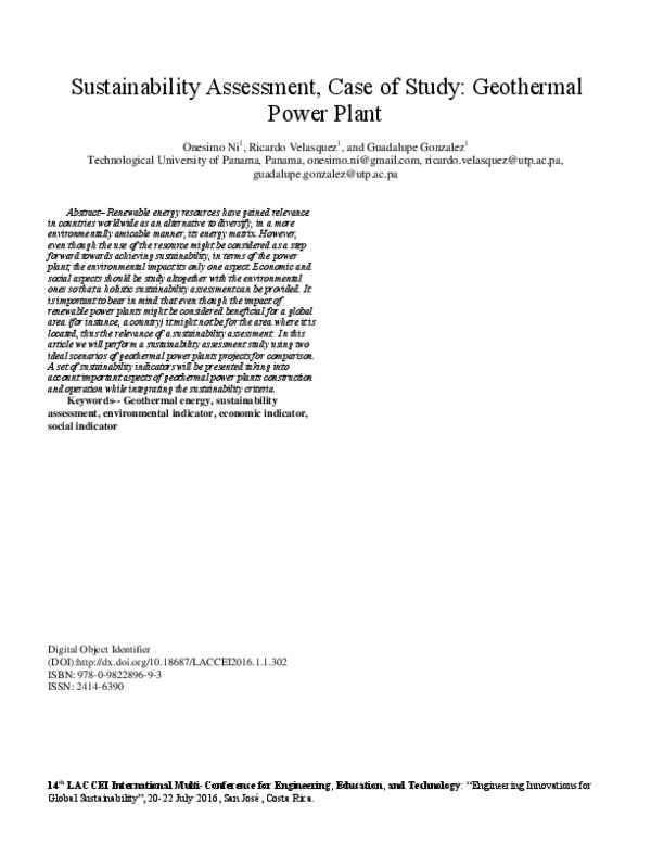 (PDF) Sustainability Assessment, Case of Study: Geothermal Power Plant