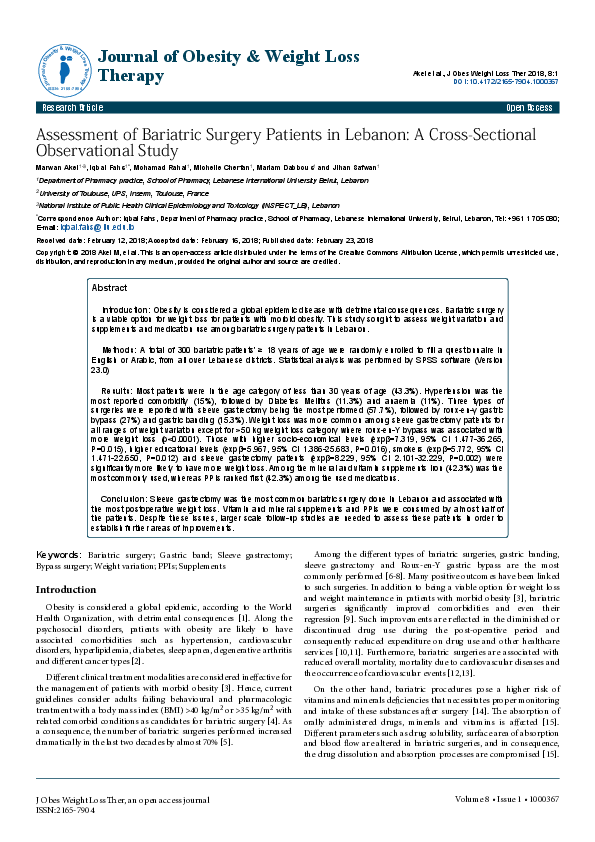 (PDF) Assessment of Bariatric Surgery Patients in Lebanon: A Cross ...