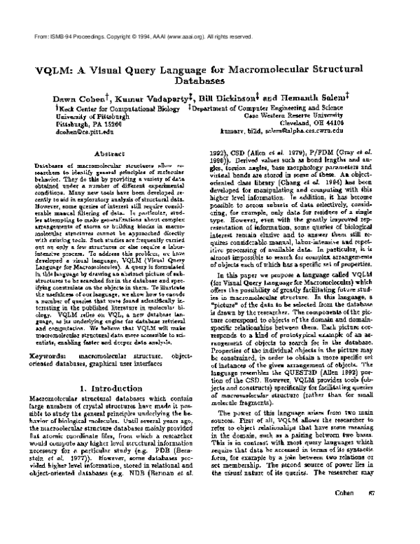 (PDF) VQLM: A Visual Query Language for Macromolecular Structural Databases