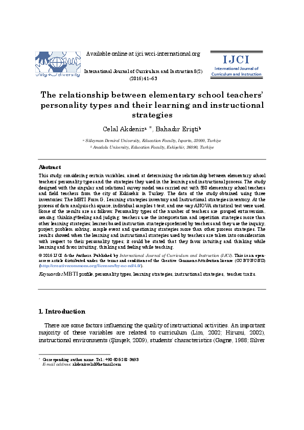 (PDF) The relationship between elementary school teachers’ personality ...