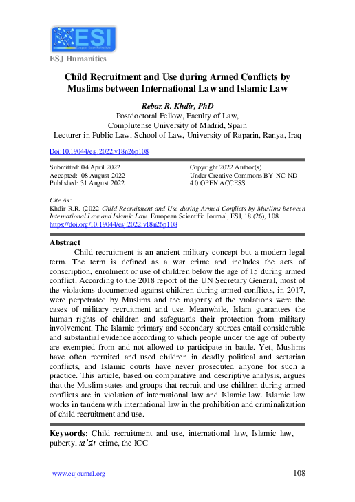(PDF) Child Recruitment and Use during Armed Conflicts by Muslims ...