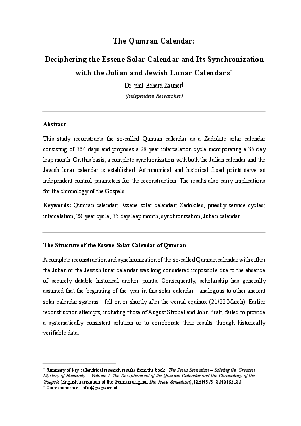 (PDF) The Qumran Calendar: Deciphering the Essene Solar Calendar and ...