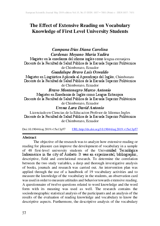 (PDF) The Effect of Extensive Reading on Vocabulary Knowledge of First ...
