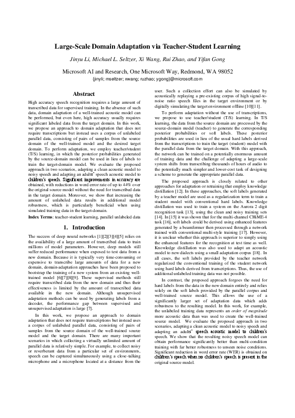 (PDF) Large-Scale Domain Adaptation via Teacher-Student Learning