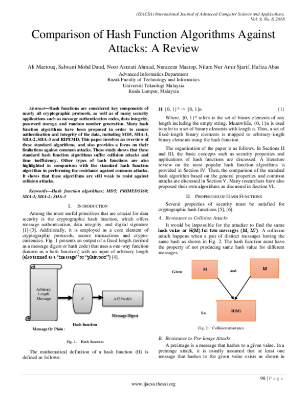 (PDF) Comparison of Hash Function Algorithms Against Attacks: A Review
