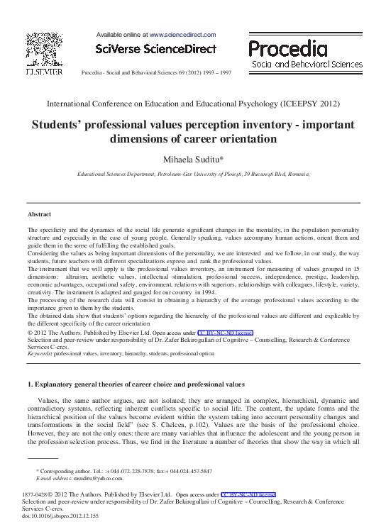 (PDF) Students’ Professional Values Perception Inventory - Important ...