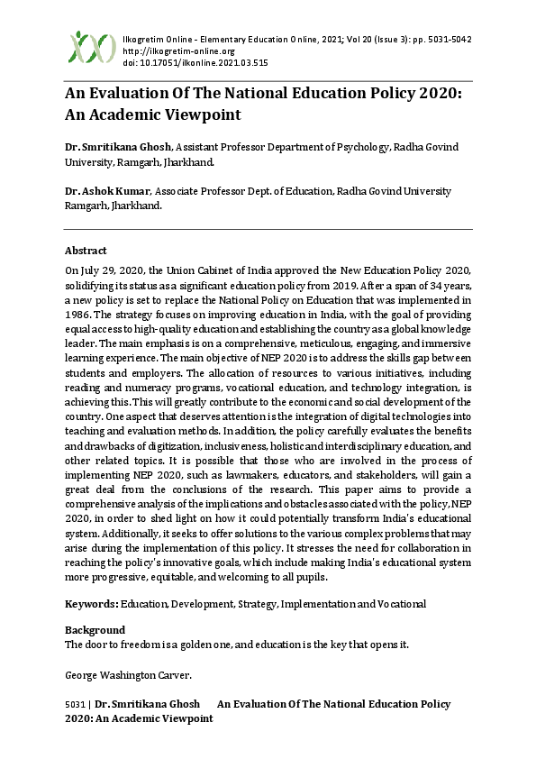 (PDF) An Evaluation Of The National Education Policy 2020: An Academic ...