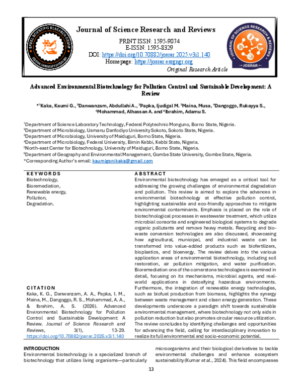 (PDF) Advanced Environmental Biotechnology for Pollution Control and ...
