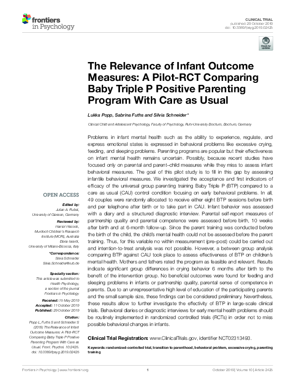 (PDF) The Relevance of Infant Outcome Measures: A Pilot-RCT Comparing ...