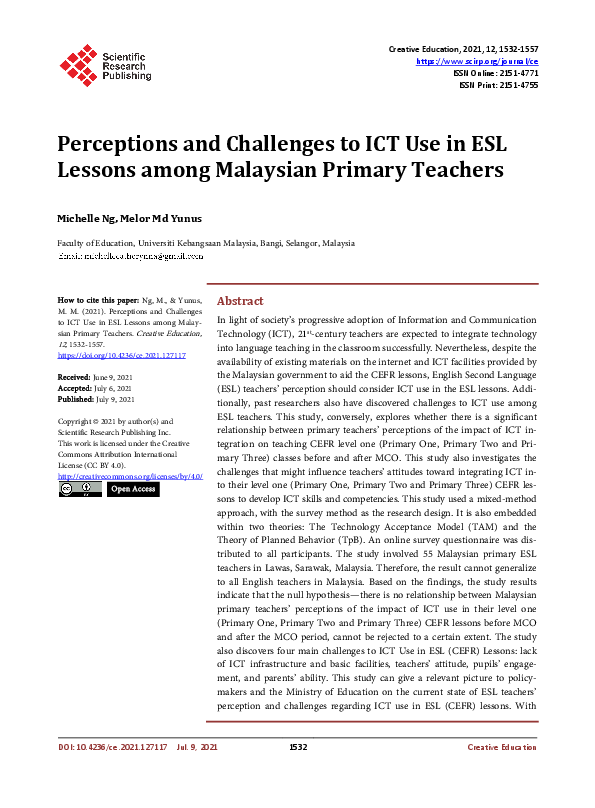 (PDF) Perceptions and Challenges to ICT Use in ESL Lessons among ...