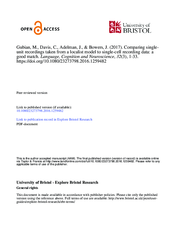 (PDF) Comparing single-unit recordings taken from a localist model to ...