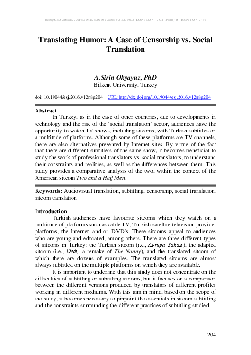 (PDF) Translating Humor: A Case of Censorship vs. Social Translation