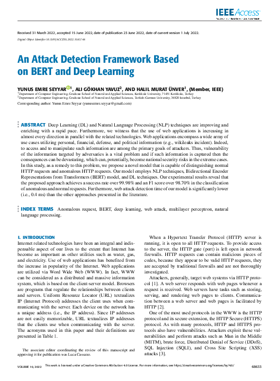 (PDF) An Attack Detection Framework Based on BERT and Deep Learning