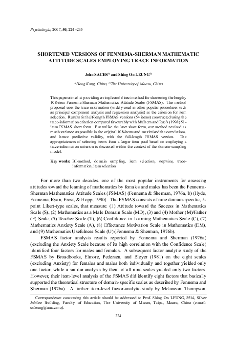 (PDF) Shortened Versions of Fennema-Sherman Mathematic Attitude Scales ...