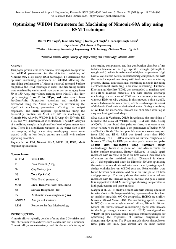 (PDF) Optimization parameters for electro discharge machining on ...