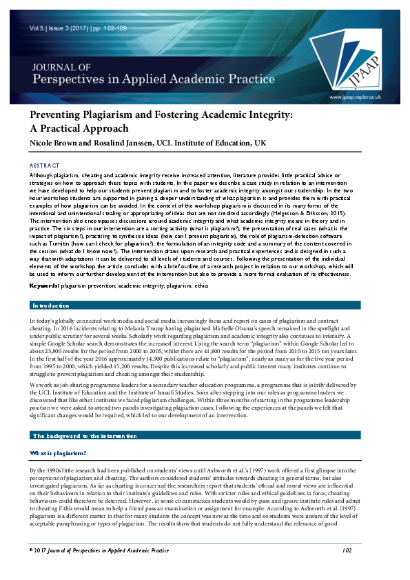 (PDF) Preventing Plagiarism and Fostering Academic Integrity: A ...