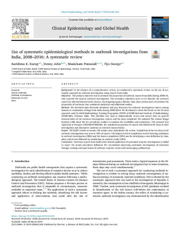 (PDF) Use of systematic epidemiological methods in outbreak ...
