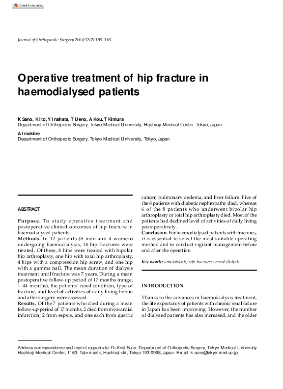 (PDF) Operative Treatment of Hip Fracture in Haemodialysed Patients