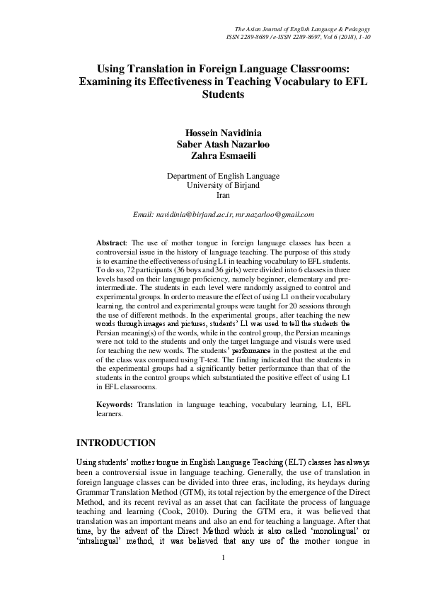 (PDF) Using Translation in Foreign Language Classrooms: Examining its ...