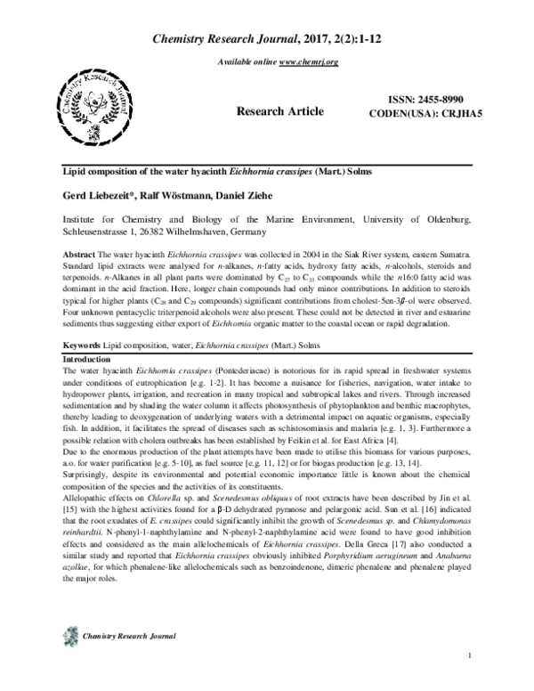(PDF) Lipid composition of the water hyacinth Eichhornia crassipes ...