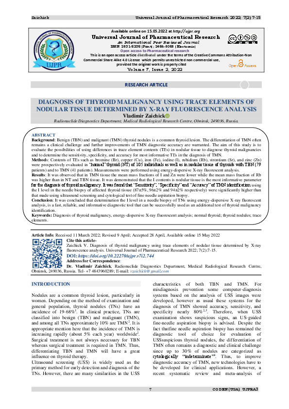 (PDF) Diagnosis of Thyroid Malignancy Using Trace Elements of Nodular ...