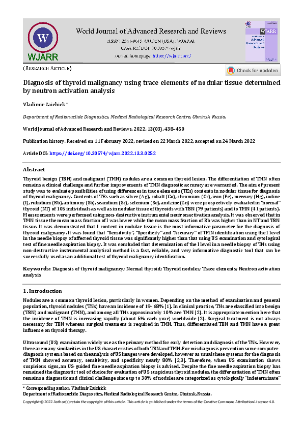(PDF) Diagnosis of thyroid malignancy using trace elements of nodular ...