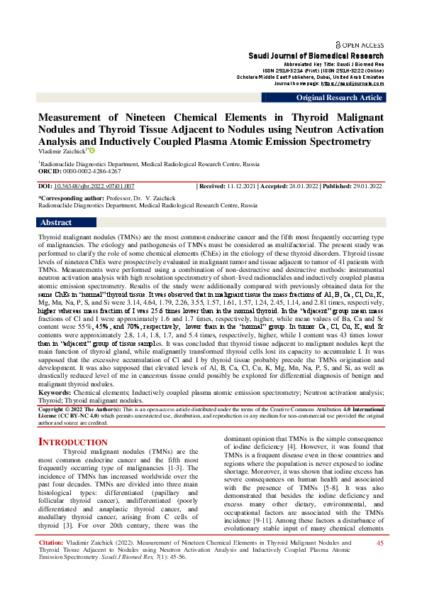 (PDF) Measurement of Nineteen Chemical Elements in Thyroid Malignant ...