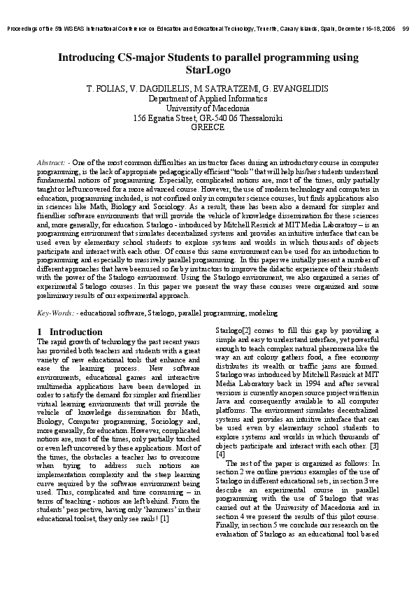 (PDF) Introducing CS-major Students to parallel programming using StarLogo